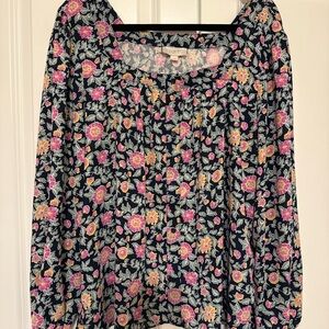 LOFT Outlet Floral Blouse XL Navy Pink Long Sleeve Lightweight